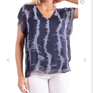 Gigi Moda Blue Silk Sheer Blouse V Neck Layered Tank Lining